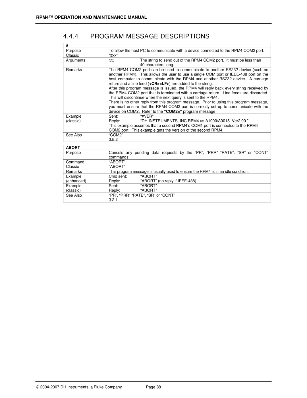 Fluke RPM4 Program Message Descriptions, #xx, Enhanced Reply Abort no reply if IEEE-488 Example Sent, Classic Reply 