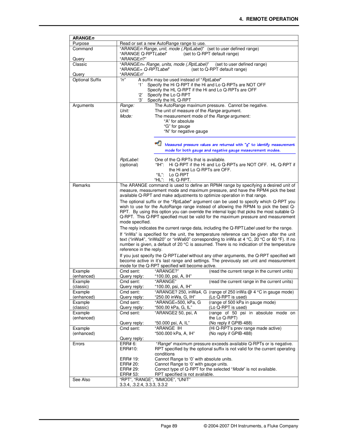Fluke RPM4 manual ARANGEn, Range, Unit, Mode, RptLabel 