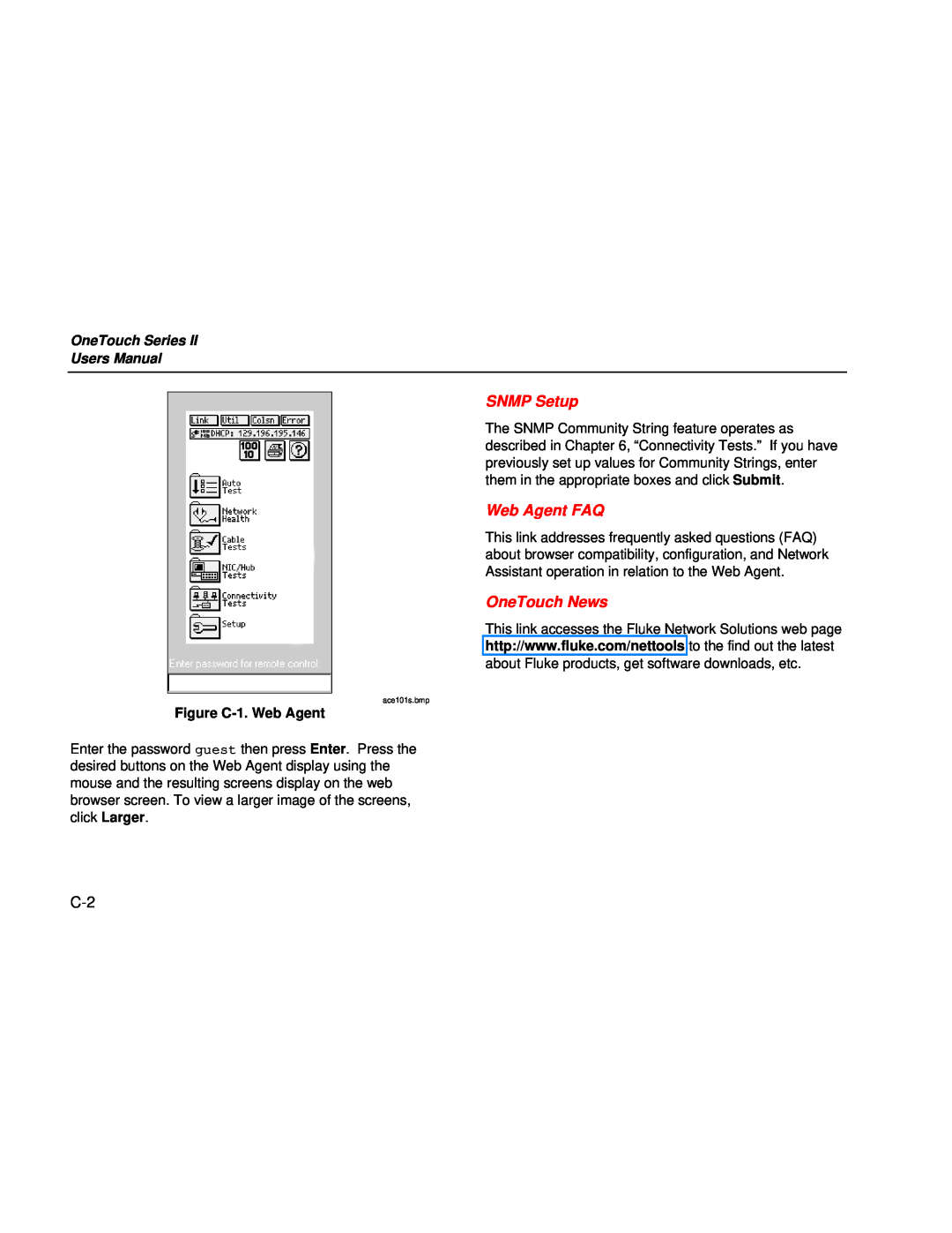 Fluke Series II user manual SNMP Setup, Web Agent FAQ, OneTouch News, OneTouch Series Users Manual, Figure C-1. Web Agent 