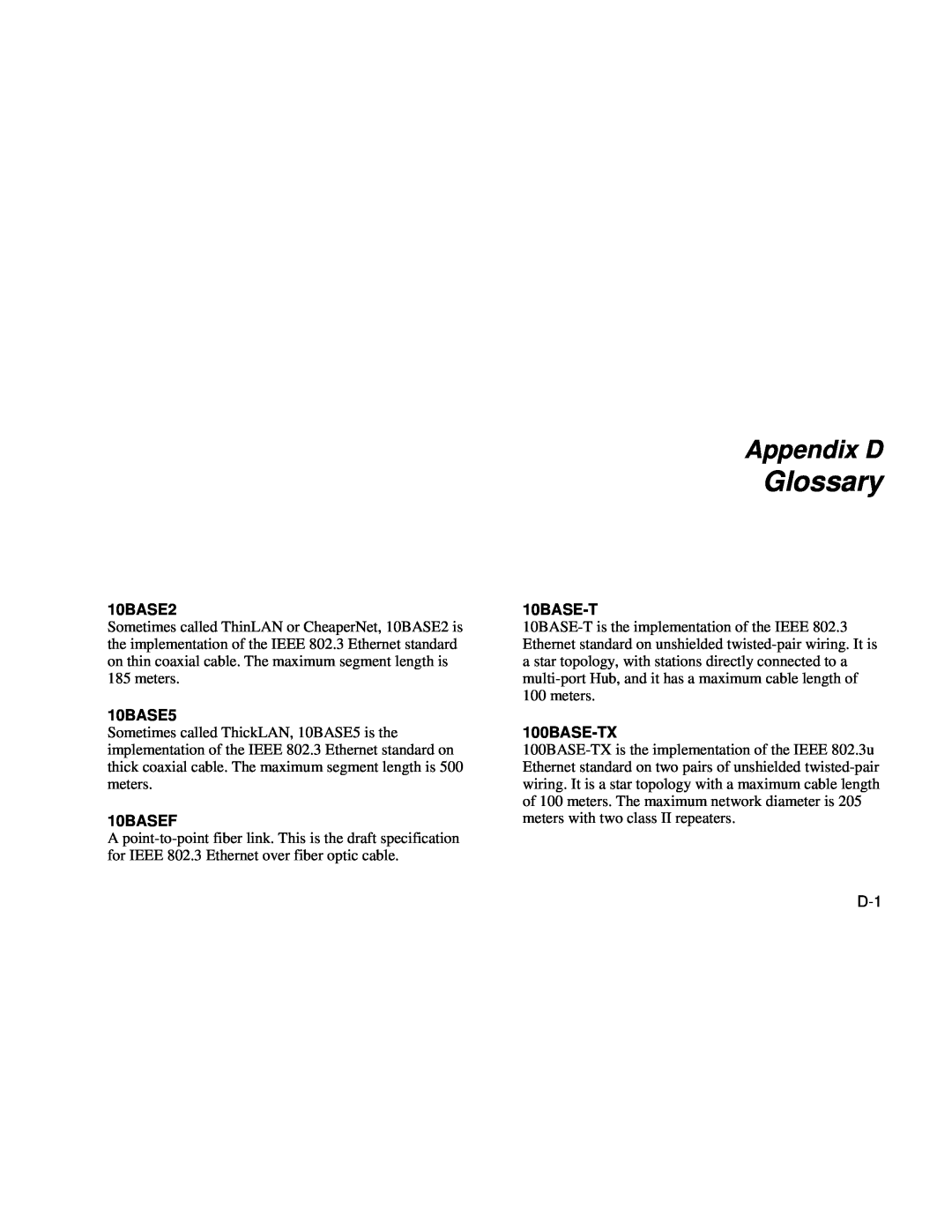 Fluke Series II user manual Glossary, Appendix D, 10BASE2, 10BASE5, 10BASEF, 10BASE-T, 100BASE-TX 