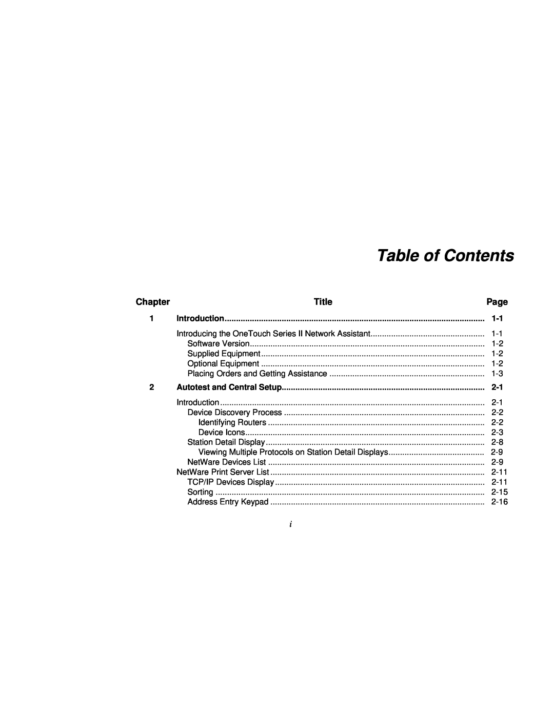 Fluke Series II user manual Table of Contents, Chapter, Title, Page, Introduction, Autotest and Central Setup 