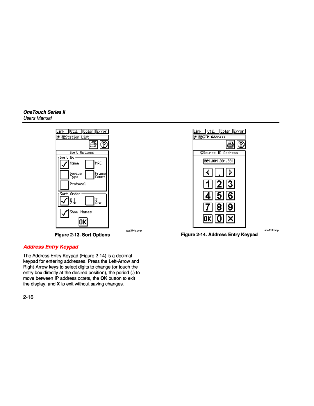 Fluke Series II user manual 2-16, OneTouch Series, Users Manual, 13. Sort Options, 14. Address Entry Keypad 