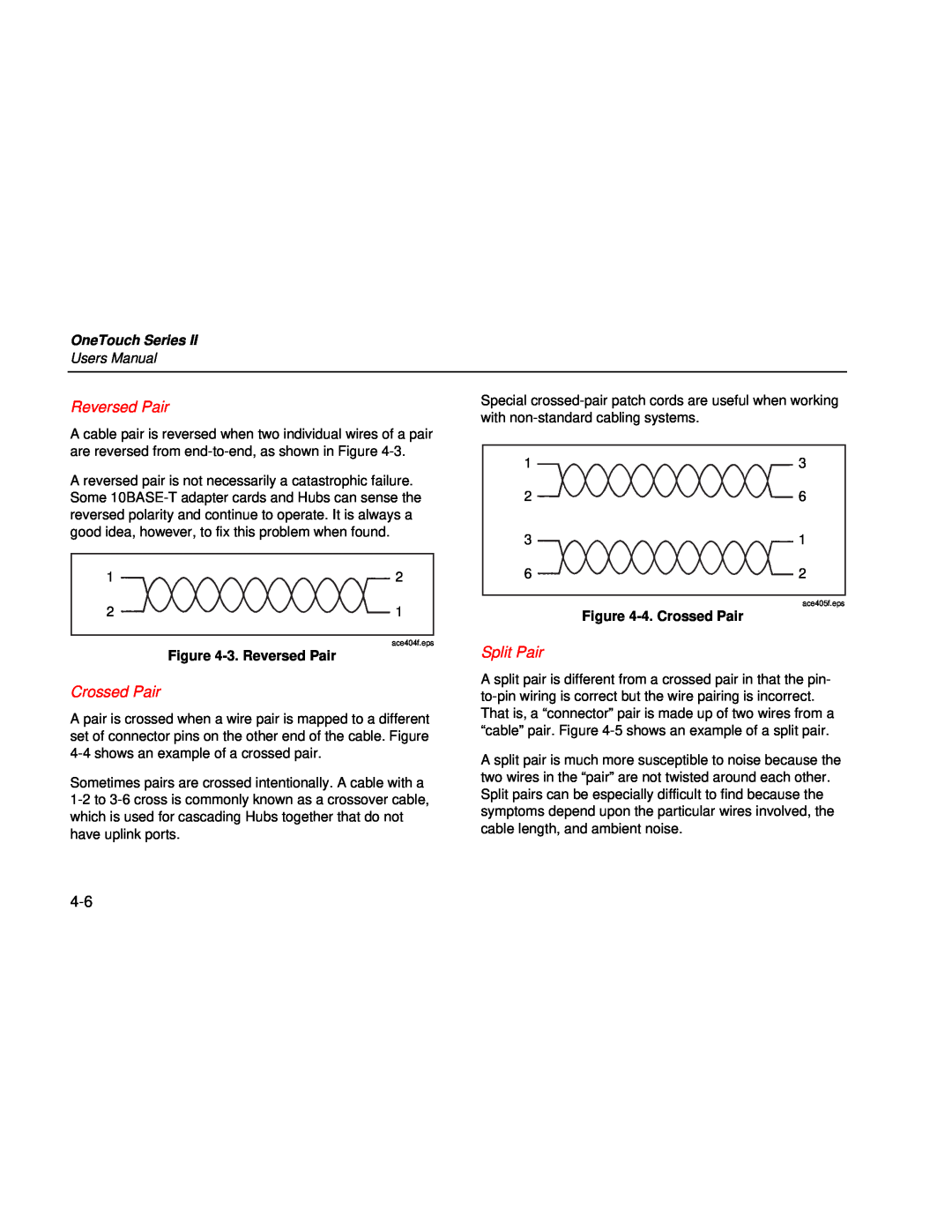 Fluke Series II user manual Split Pair, OneTouch Series, Users Manual, 3. Reversed Pair, 4. Crossed Pair 