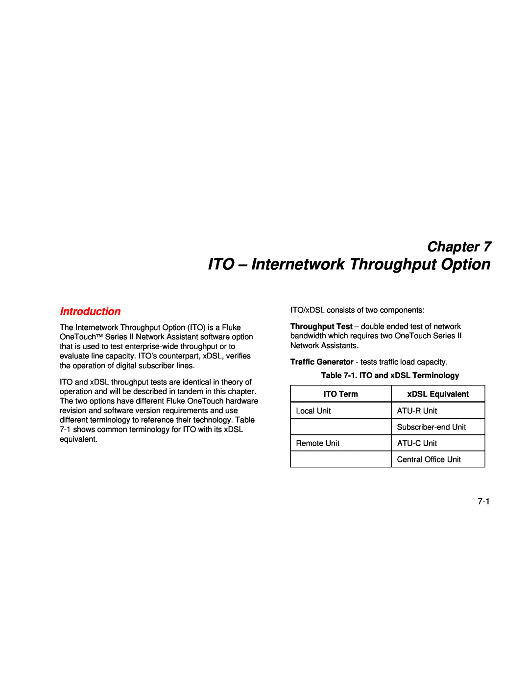 Fluke Series II ITO - Internetwork Throughput Option, Chapter, Introduction, 1. ITO and xDSL Terminology, ITO Term 