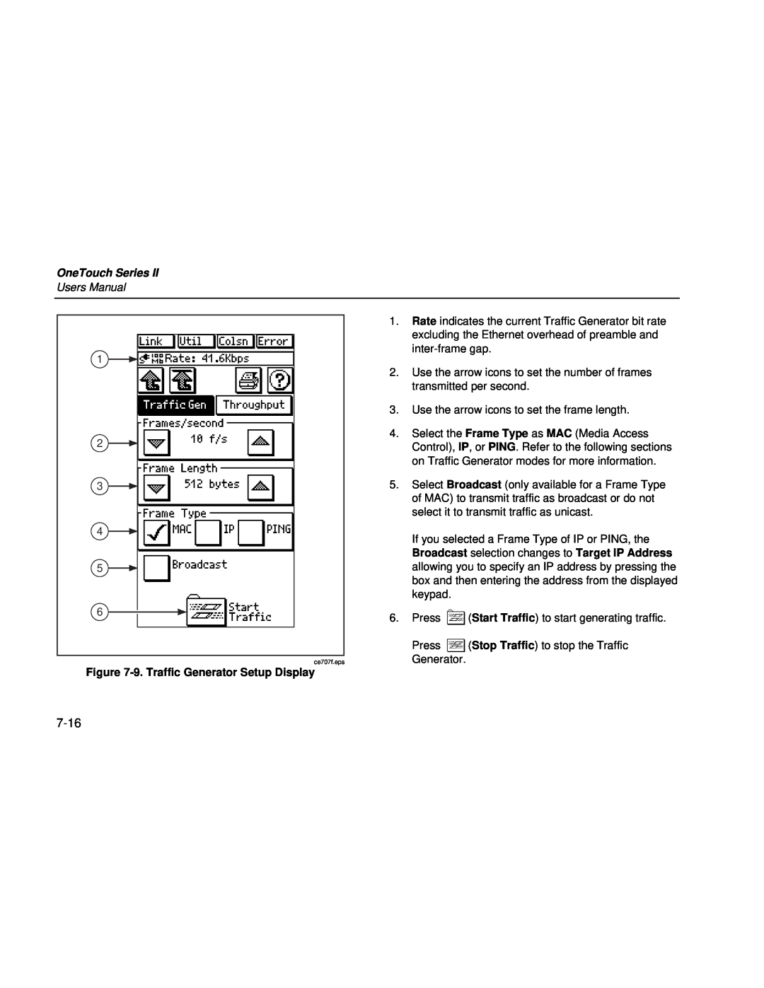Fluke Series II user manual 7-16, OneTouch Series, Users Manual, 9. Traffic Generator Setup Display 