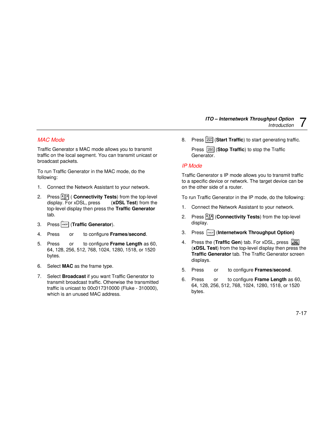 Fluke Series II user manual MAC Mode, IP Mode, Press Traffic Generator, Press Internetwork Throughput Option 