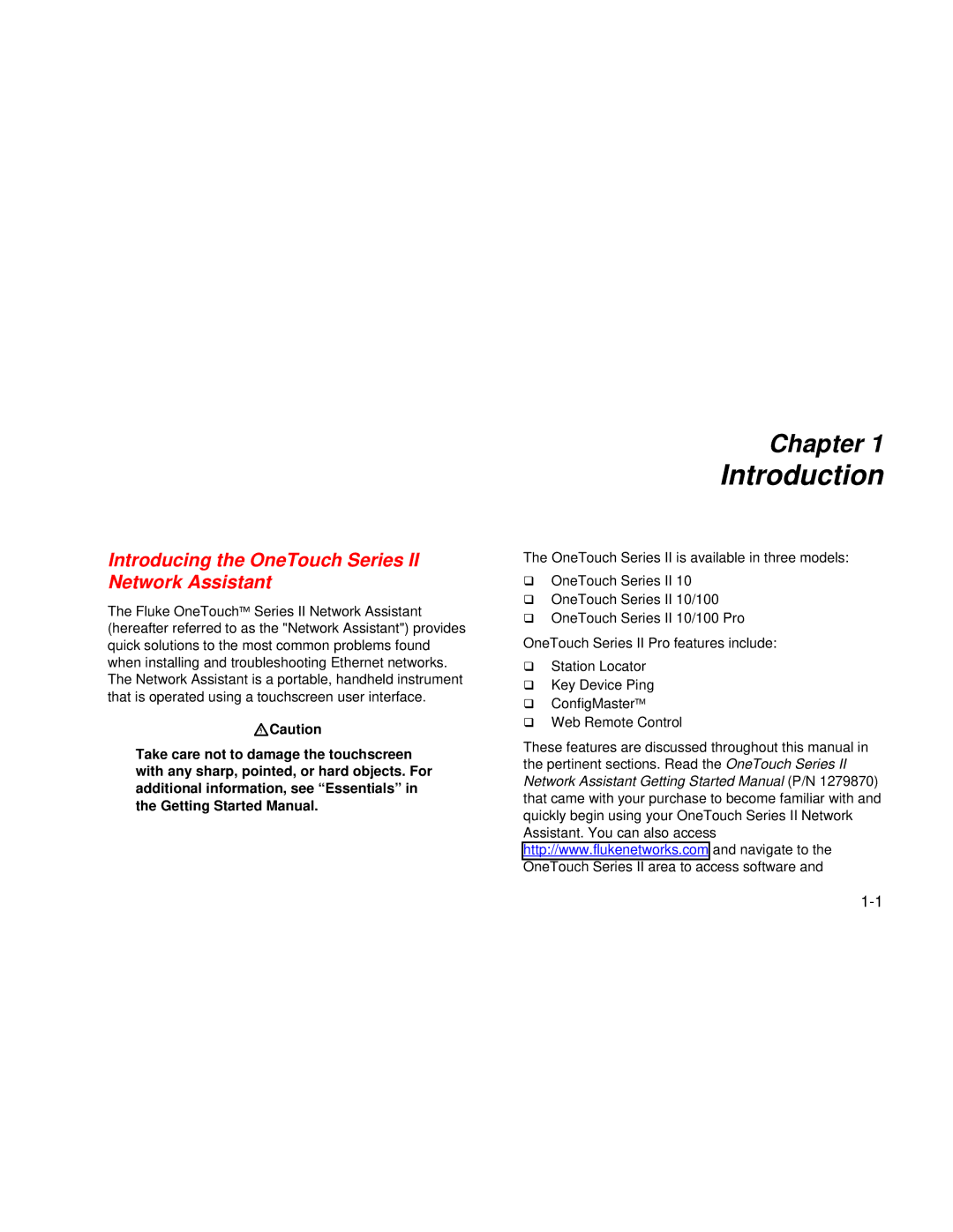 Fluke user manual Introduction, Introducing the OneTouch Series II Network Assistant 