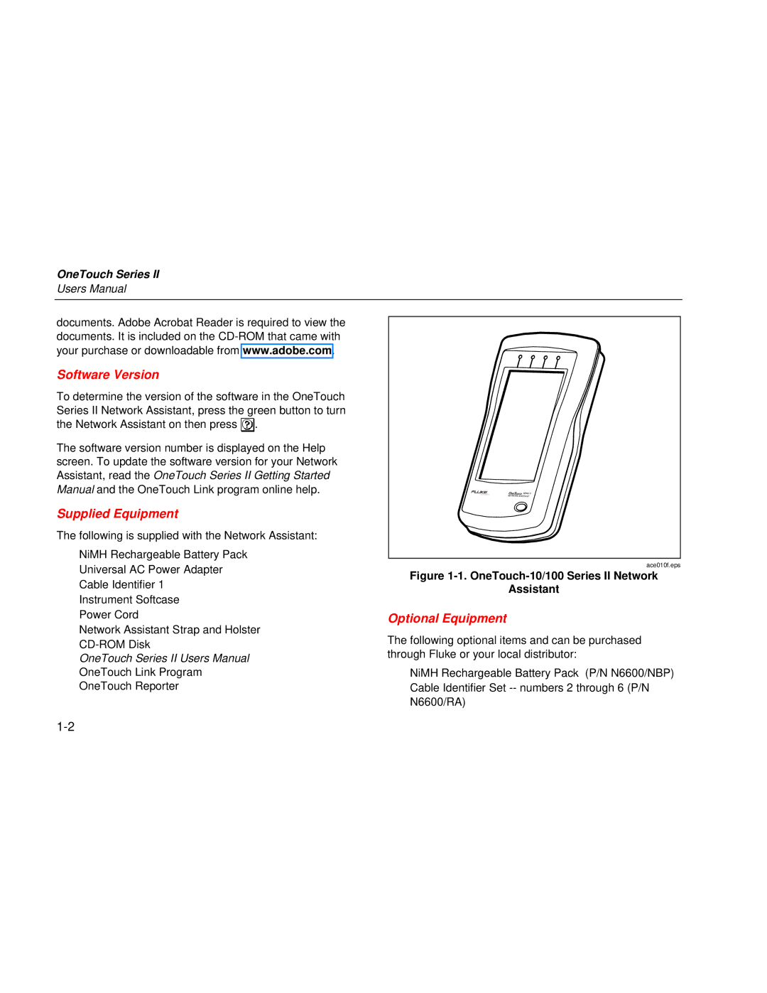 Fluke Series II user manual Software Version, Supplied Equipment, Optional Equipment 