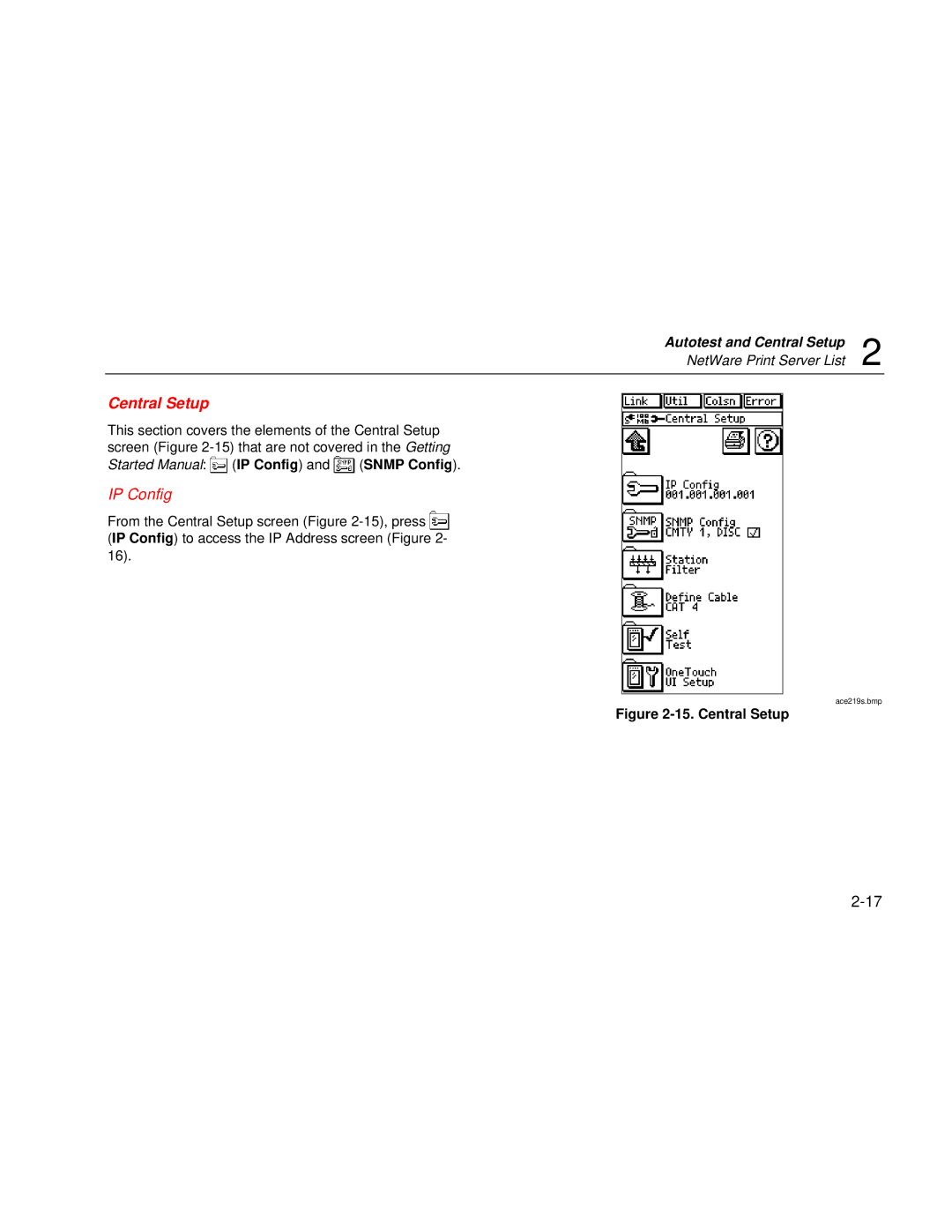 Fluke Series II user manual Central Setup, Started Manual IP Config and Snmp Config 