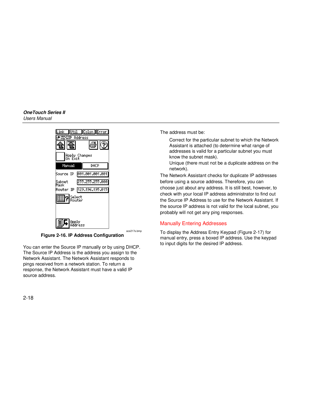 Fluke Series II user manual Manually Entering Addresses 