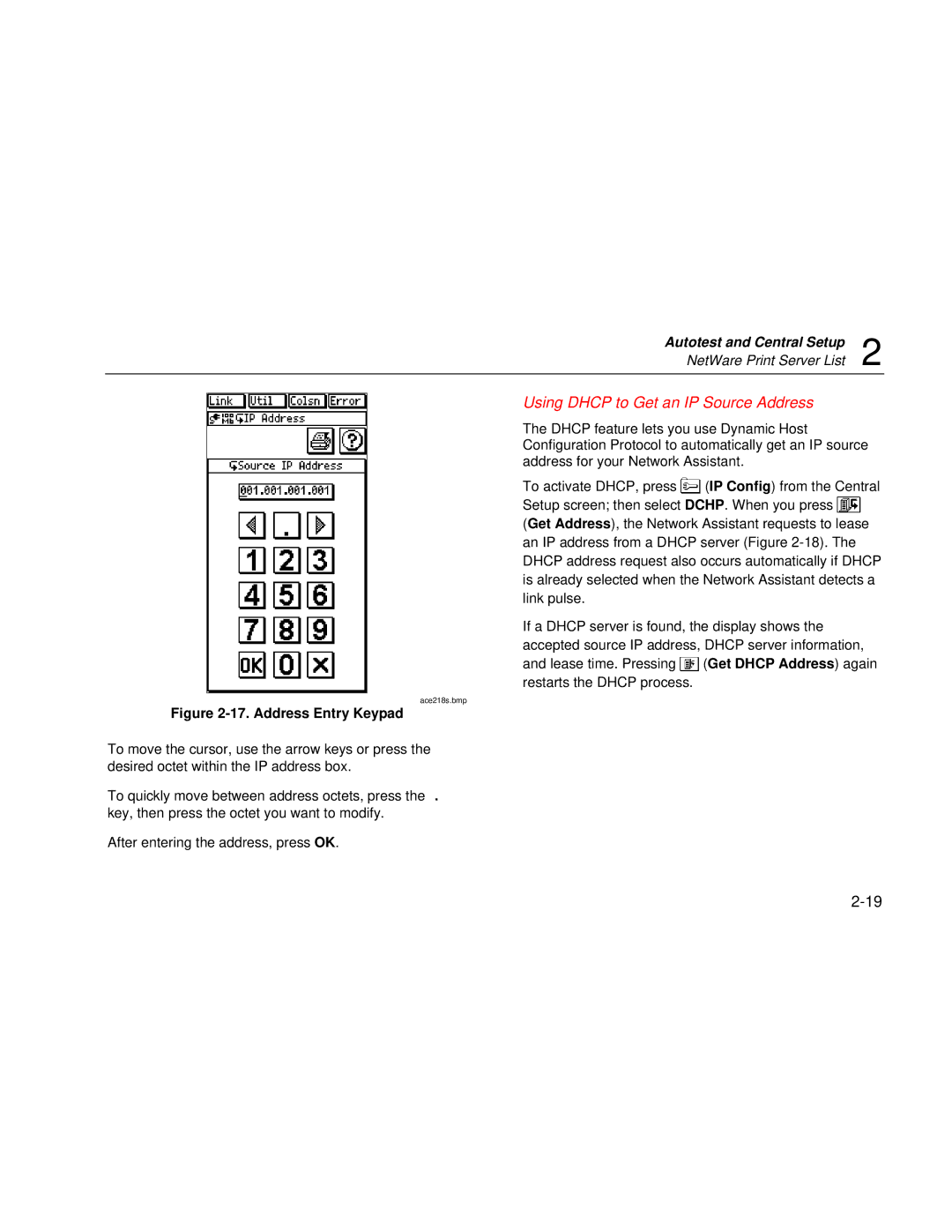 Fluke Series II user manual Using Dhcp to Get an IP Source Address, Address Entry Keypad 