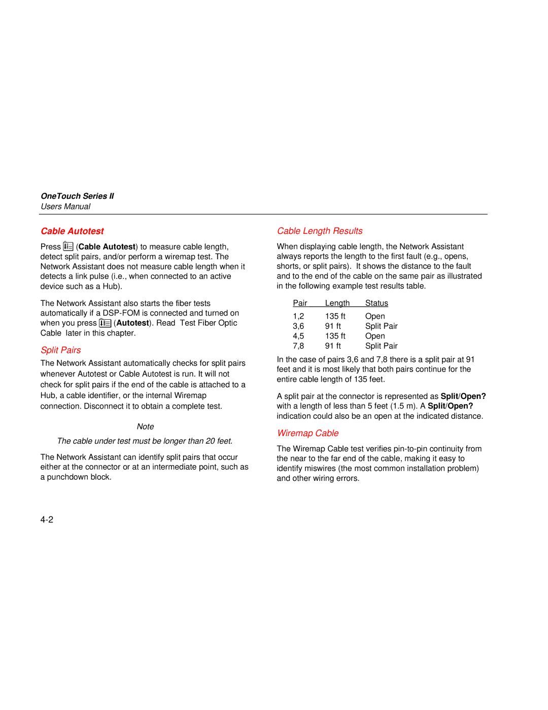 Fluke Series II user manual Cable Autotest, Split Pairs, Cable Length Results, Wiremap Cable 