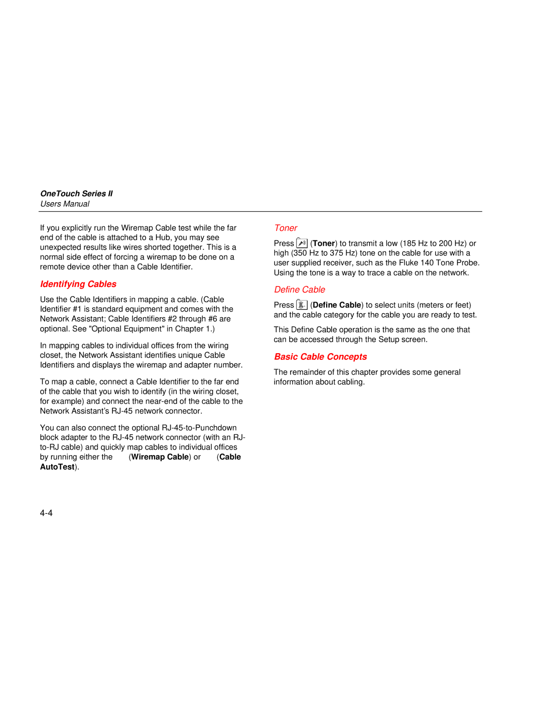 Fluke Series II user manual Toner, Identifying Cables, Define Cable, Basic Cable Concepts 