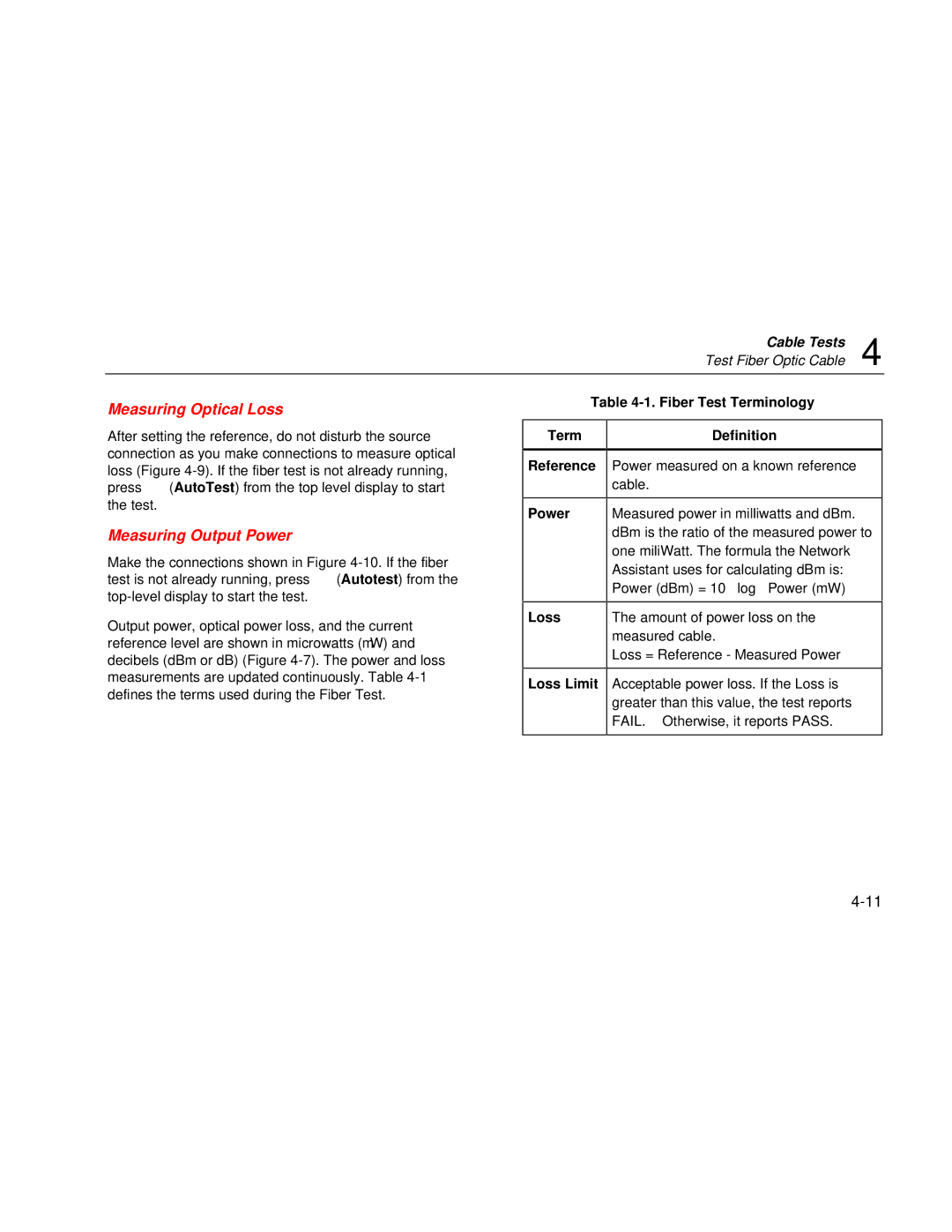 Fluke Series II user manual Measuring Optical Loss, Measuring Output Power 