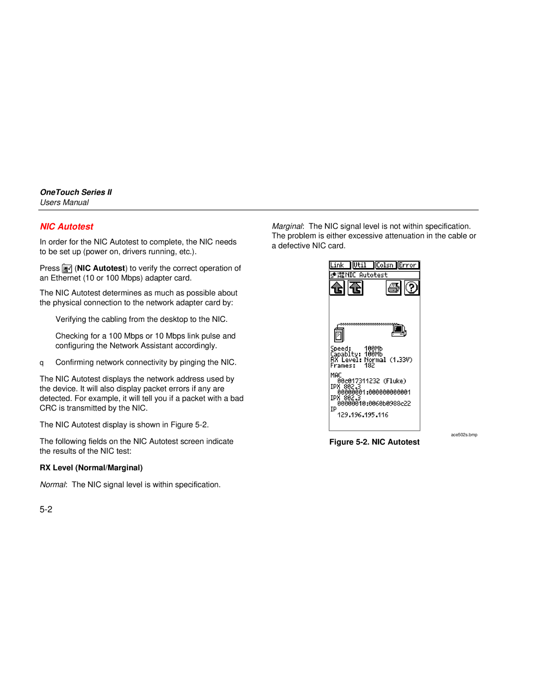 Fluke Series II user manual NIC Autotest, RX Level Normal/Marginal 