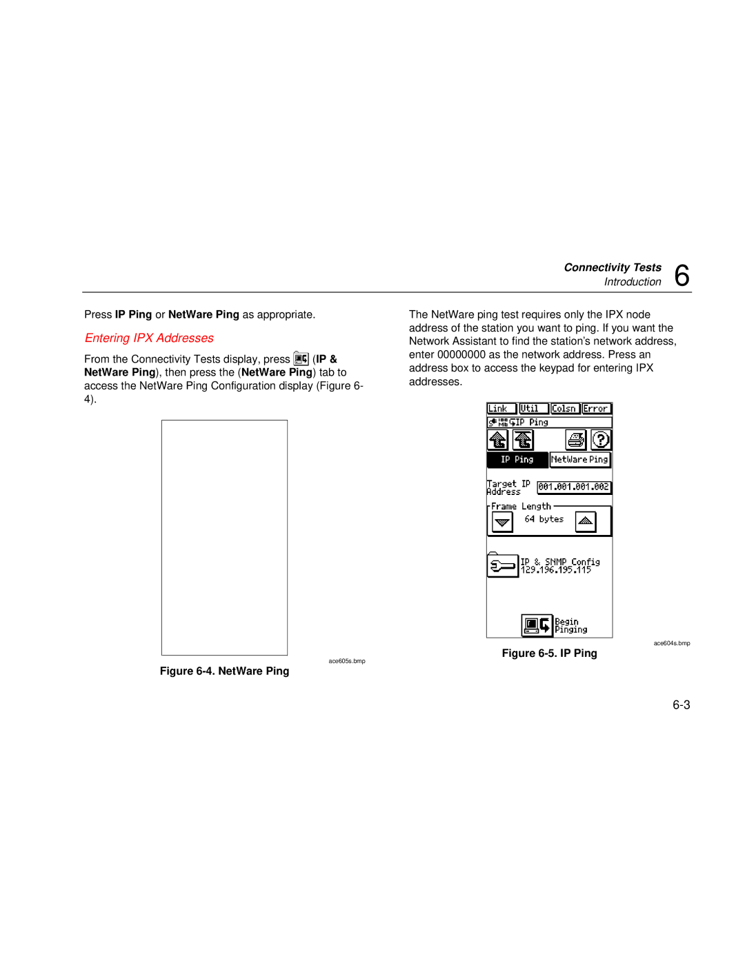 Fluke Series II user manual Entering IPX Addresses, IP Ping 