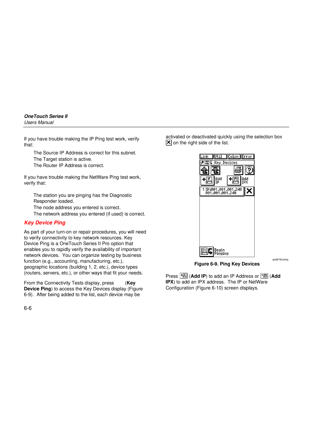 Fluke Series II user manual Key Device Ping, Ping Key Devices 