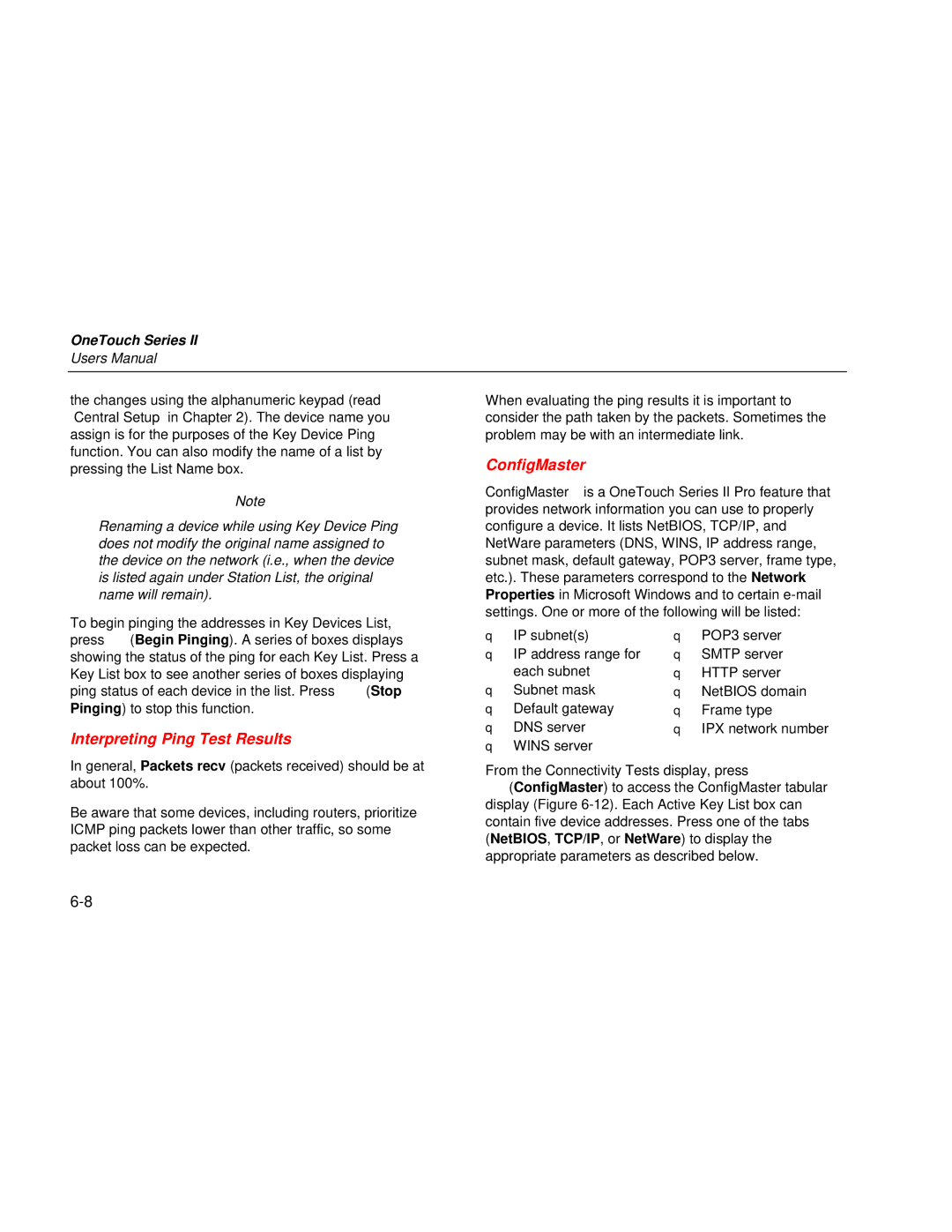 Fluke Series II user manual Interpreting Ping Test Results, ConfigMaster 