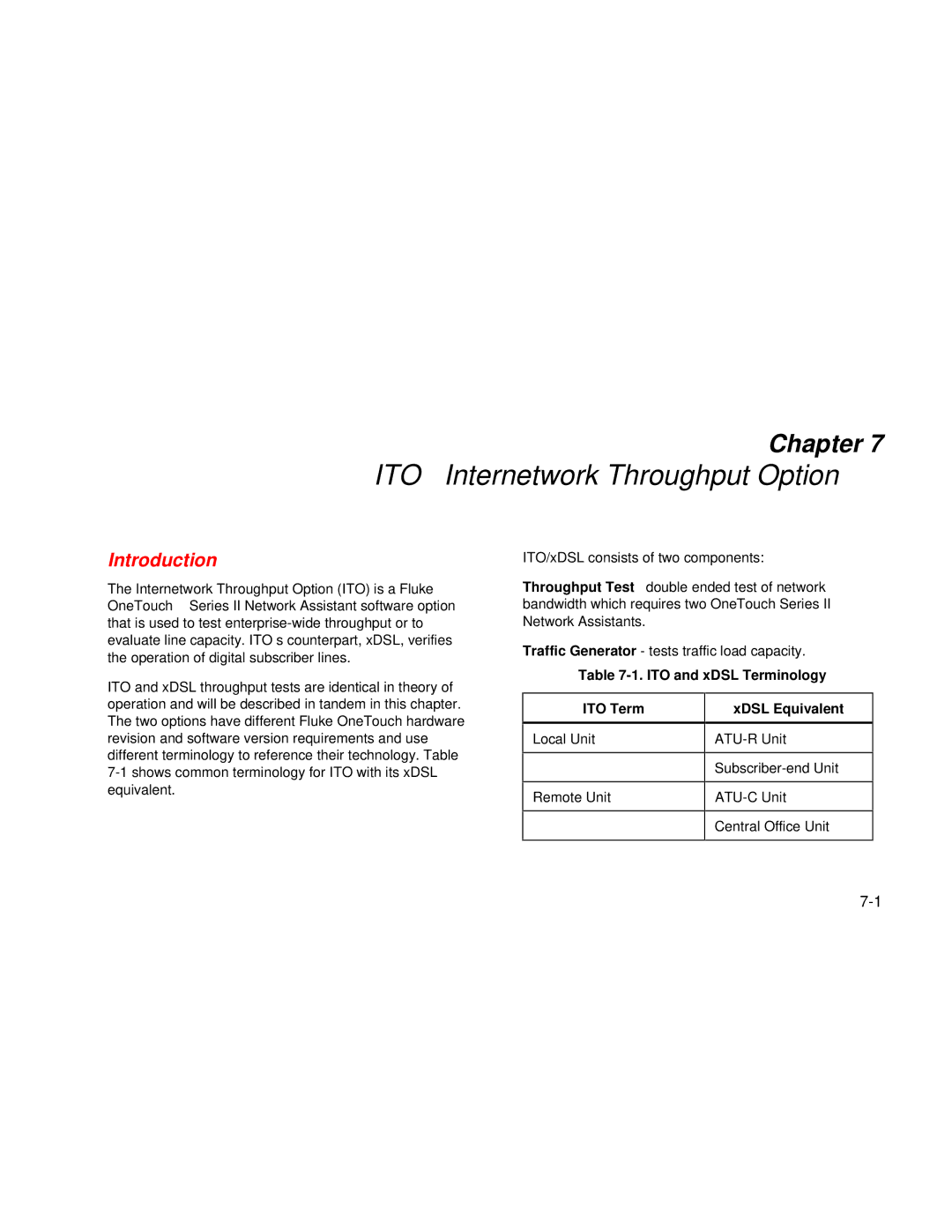 Fluke Series II user manual ITO Internetwork Throughput Option, ITO and xDSL Terminology, ITO Term, XDSL Equivalent 