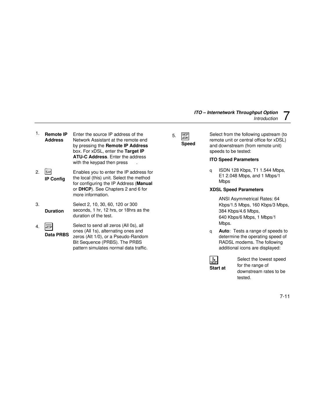 Fluke Series II Remote IP, Address, Speeds to be tested, IP Config, Duration, Data Prbs, Xdsl Speed Parameters 