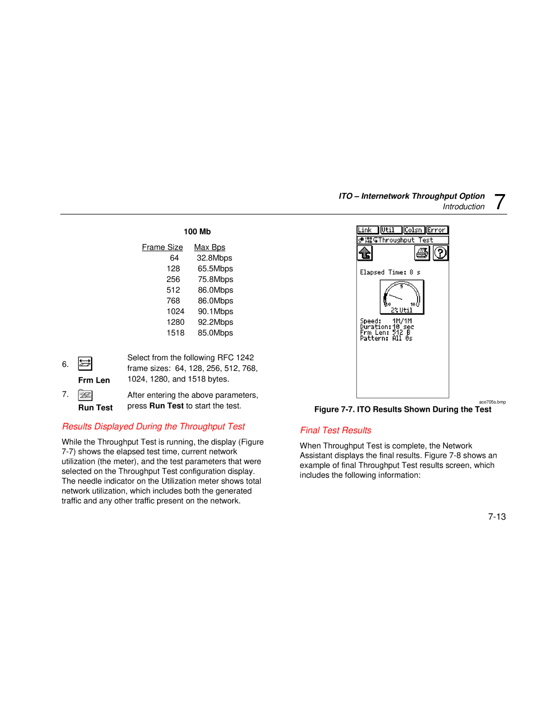 Fluke Series II user manual Results Displayed During the Throughput Test, Final Test Results, Frm Len Run Test 100 Mb 