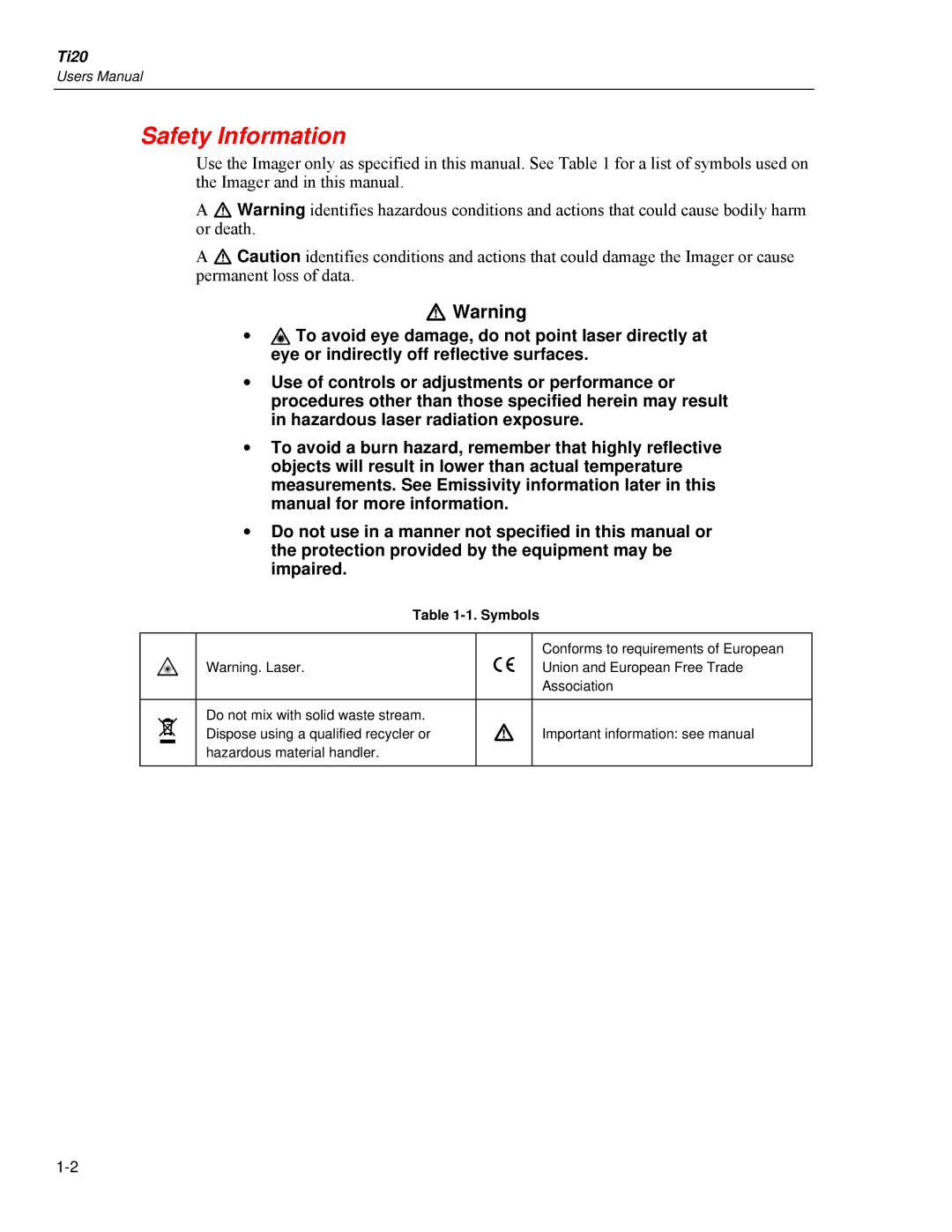 Fluke Ti20 user manual Safety Information, Symbols 