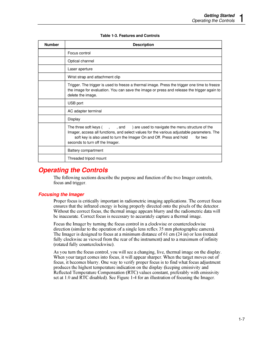 Fluke Ti20 user manual Operating the Controls, Focusing the Imager 