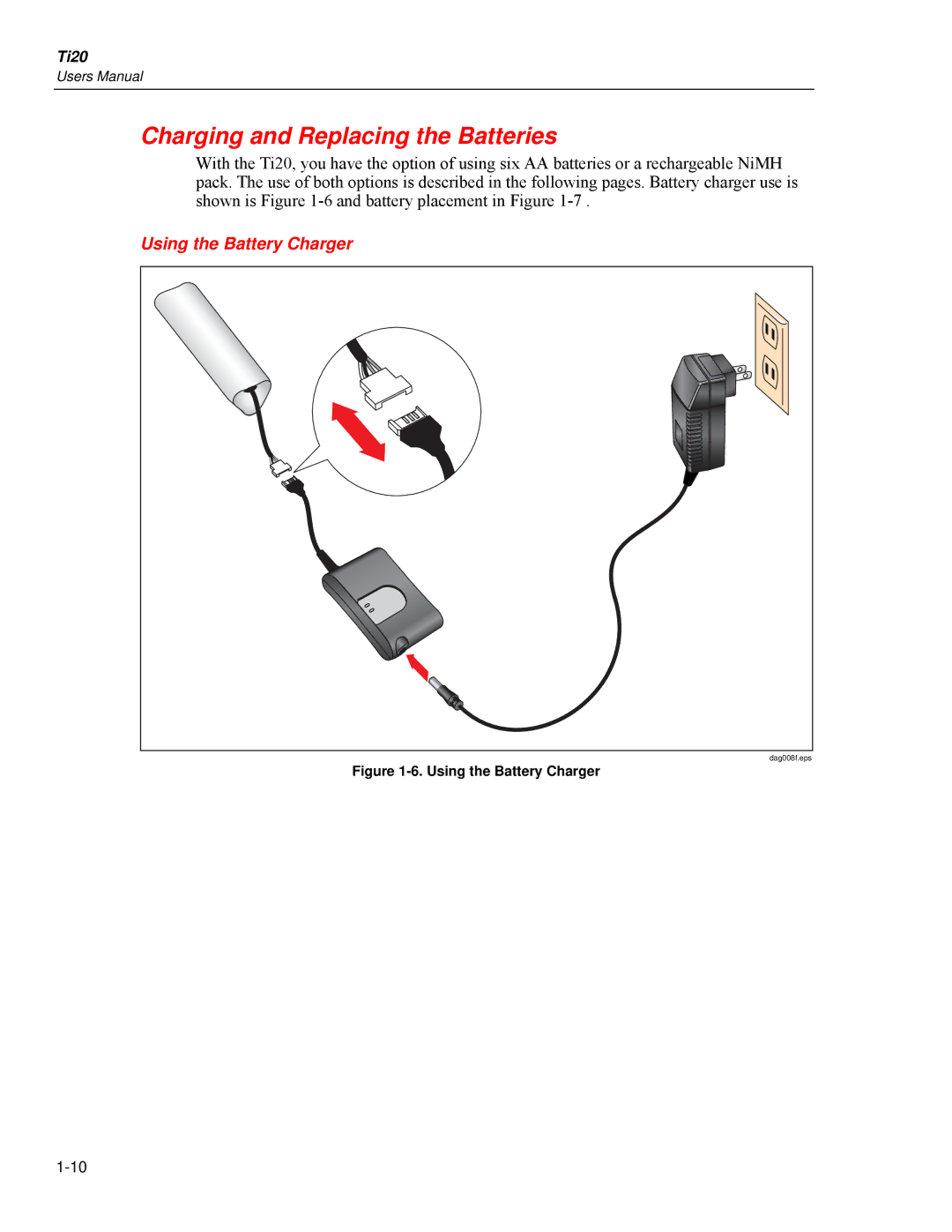 Fluke Ti20 user manual Charging and Replacing the Batteries, Using the Battery Charger 