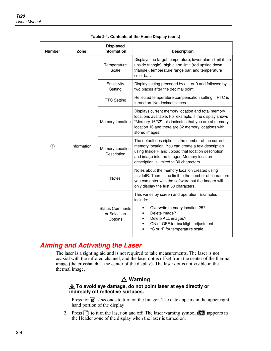 Fluke Ti20 user manual Aiming and Activating the Laser 