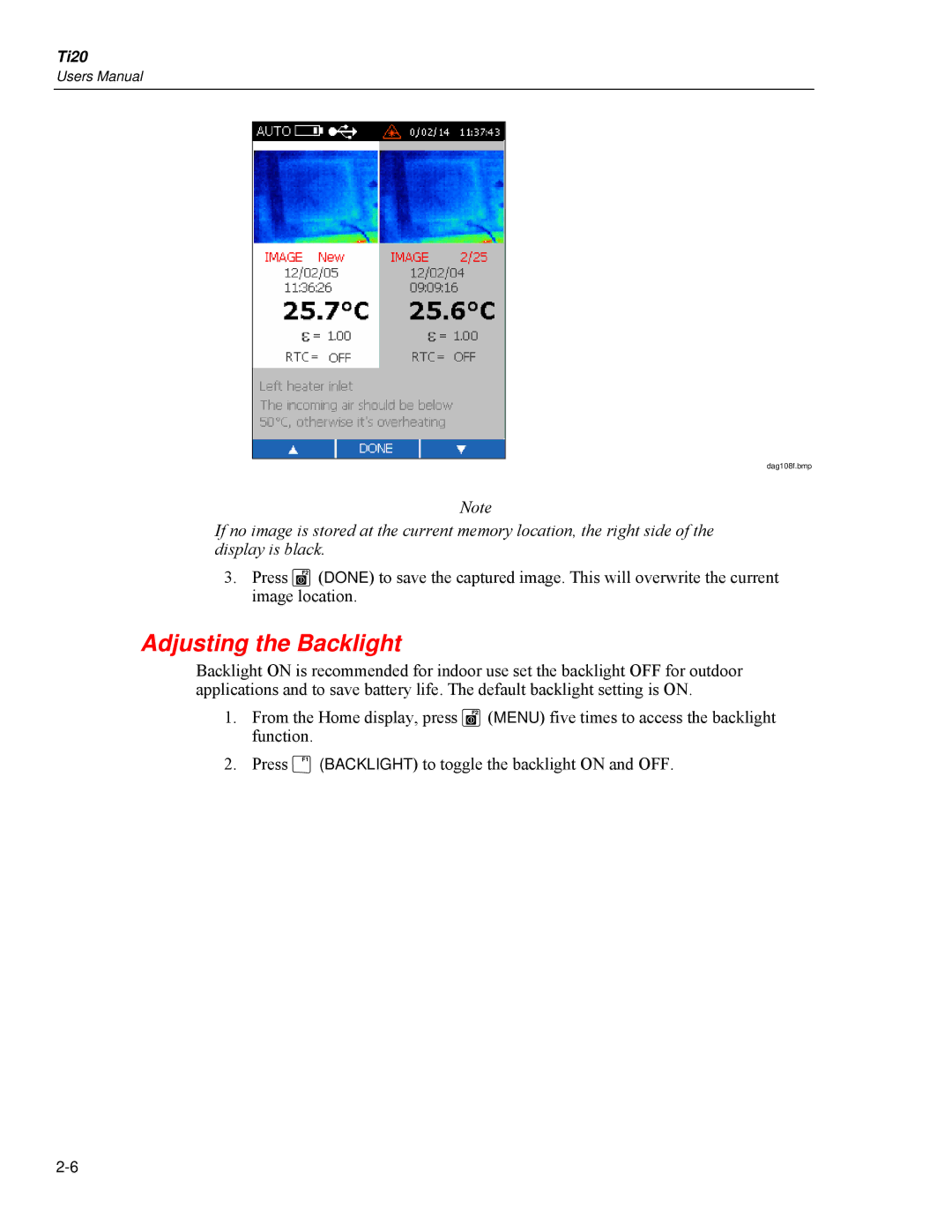 Fluke Ti20 user manual Adjusting the Backlight 