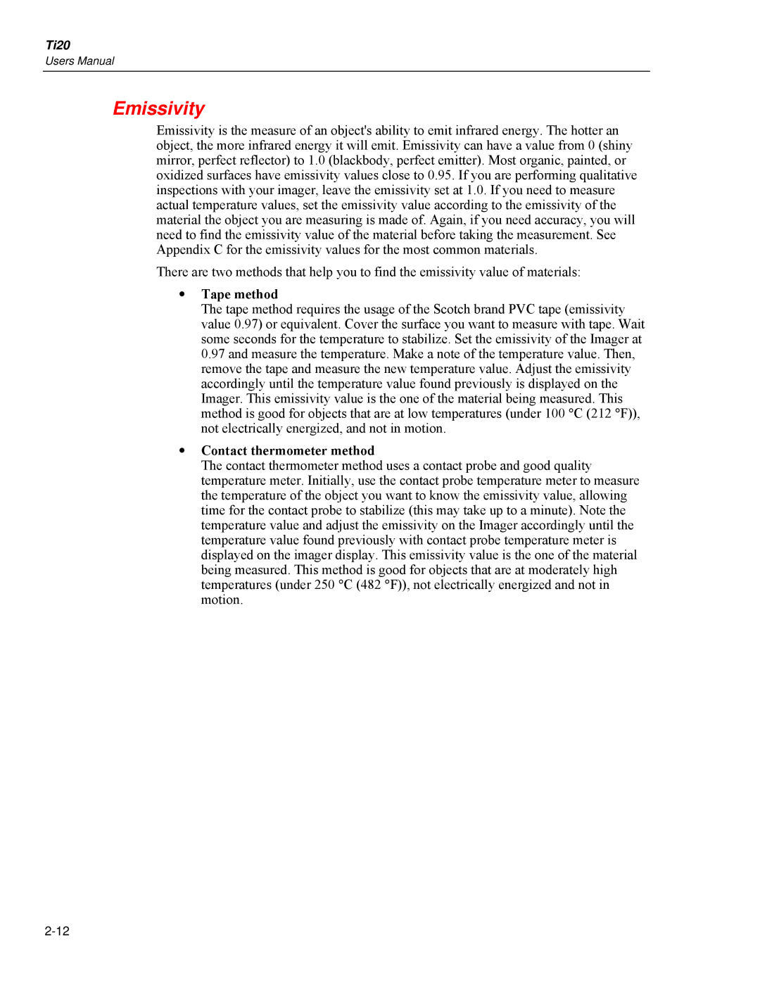 Fluke Ti20 user manual Emissivity, Tape method, Contact thermometer method 