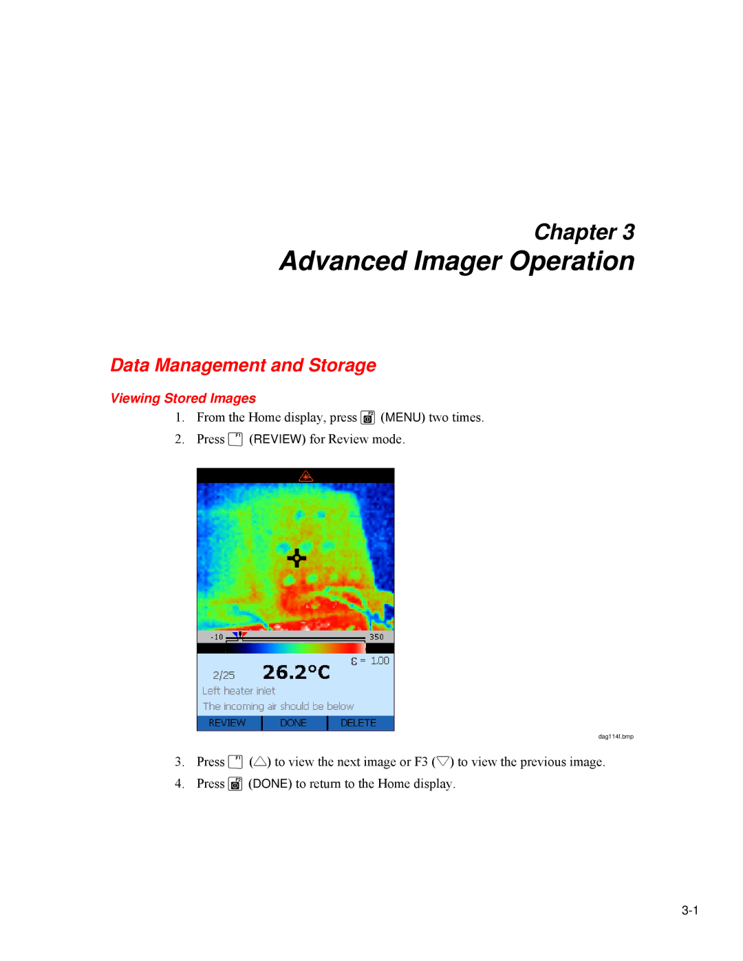 Fluke Ti20 user manual Advanced Imager Operation, Data Management and Storage, Viewing Stored Images 