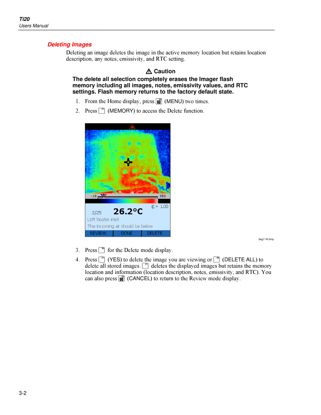 Fluke Ti20 user manual Deleting Images 