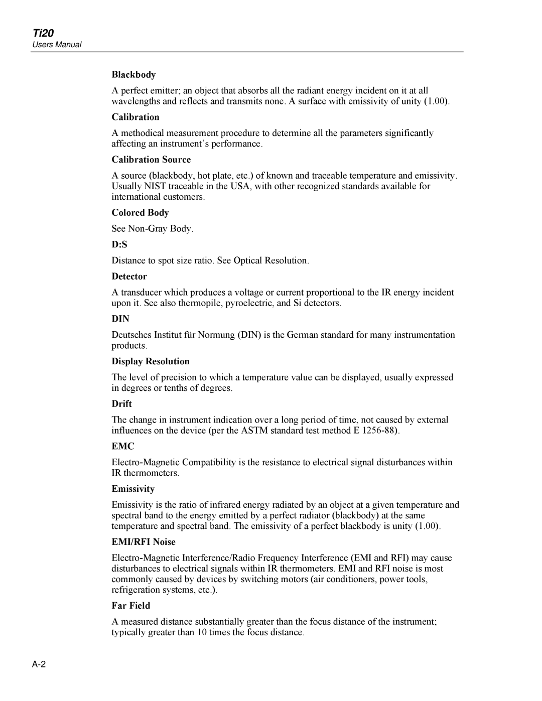 Fluke Ti20 Blackbody, Calibration Source, Colored Body, Detector, Display Resolution, Drift, Emissivity, EMI/RFI Noise 