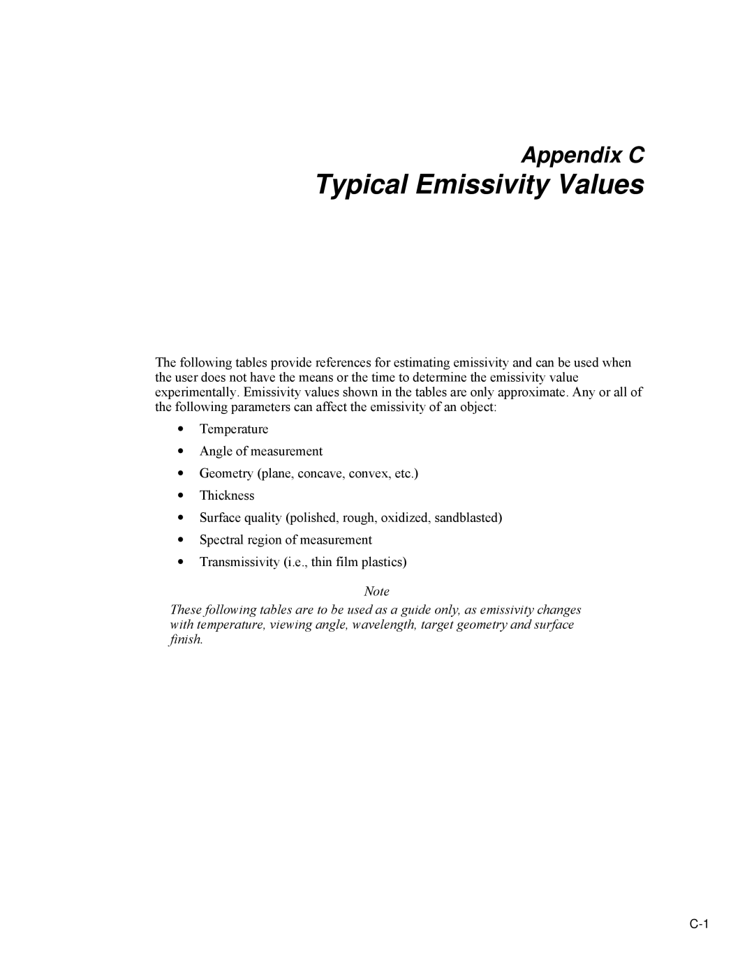 Fluke Ti20 user manual Typical Emissivity Values 