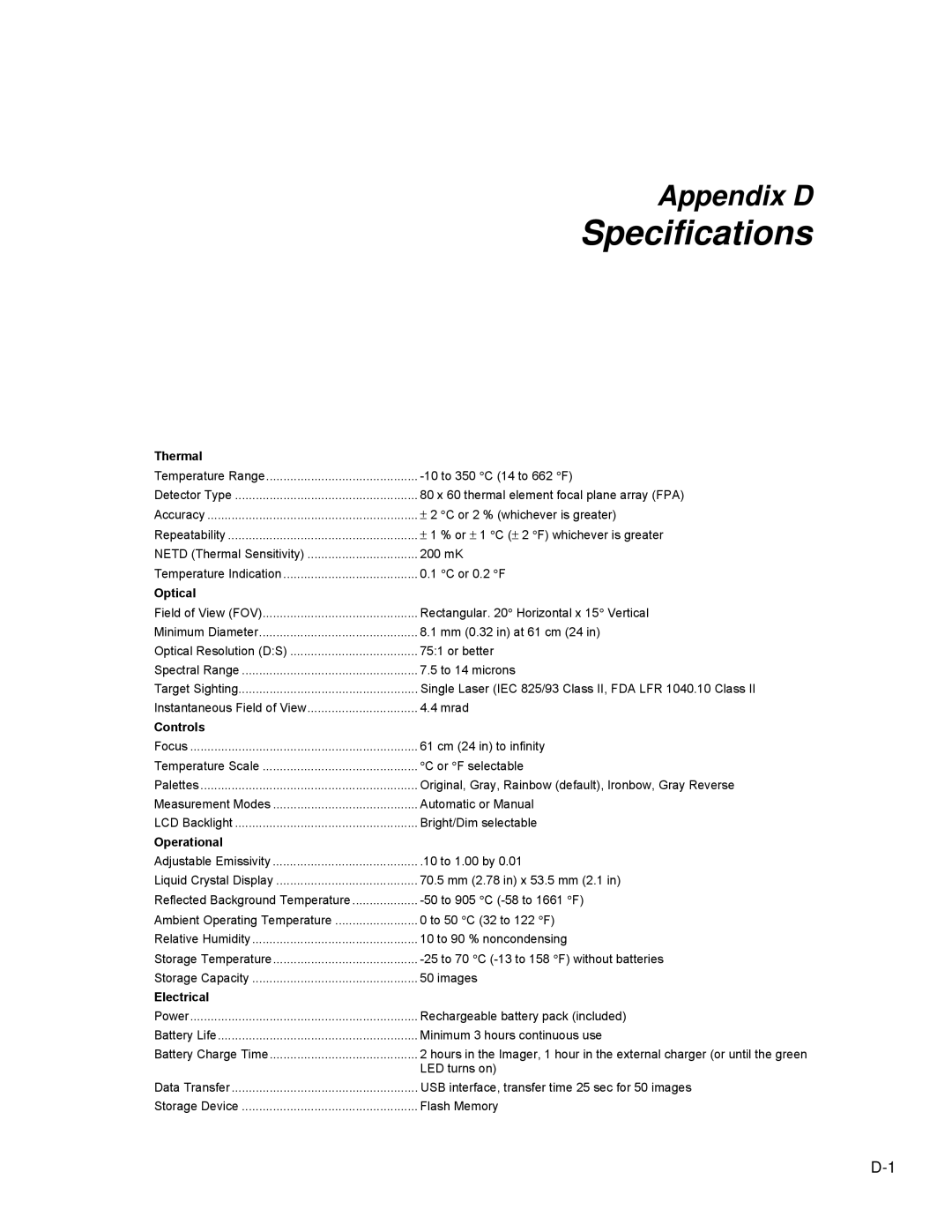 Fluke Ti20 user manual Specifications, Thermal 