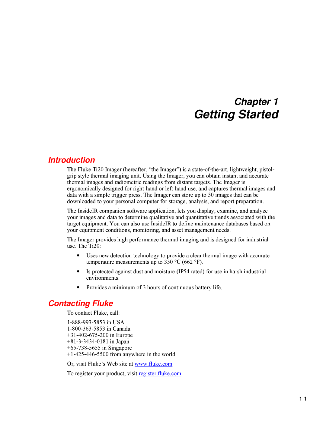 Fluke Ti20 user manual Getting Started, Introduction, Contacting Fluke 