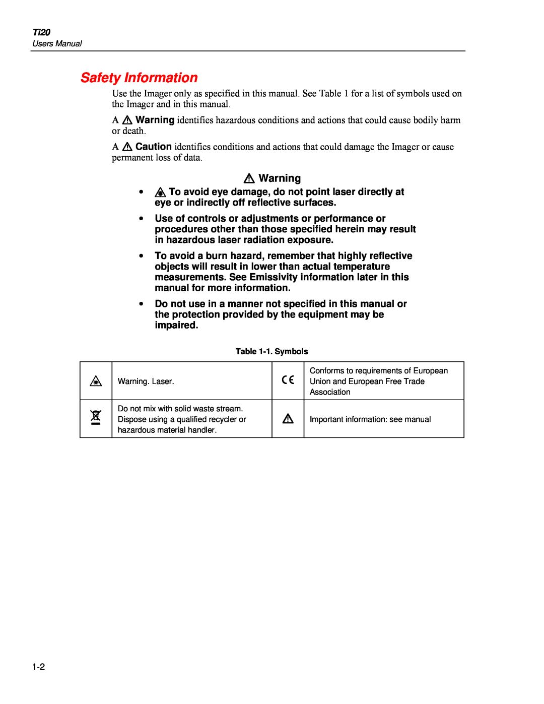 Fluke Ti20 user manual Safety Information, W Warning 