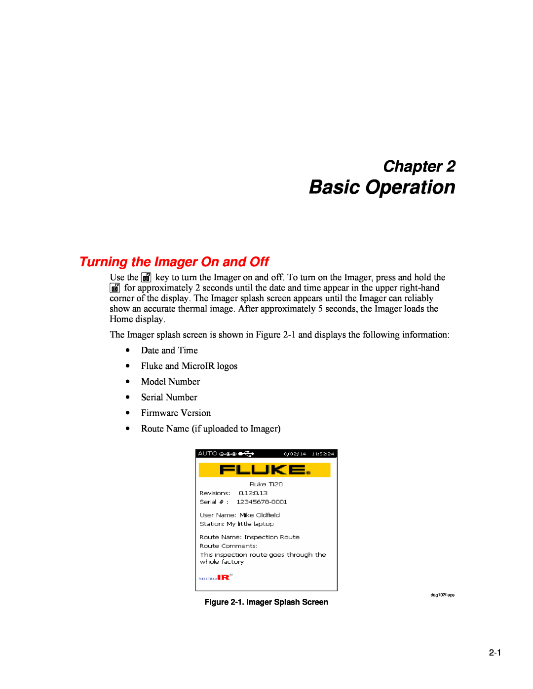 Fluke Ti20 user manual Basic Operation, Turning the Imager On and Off, Chapter 