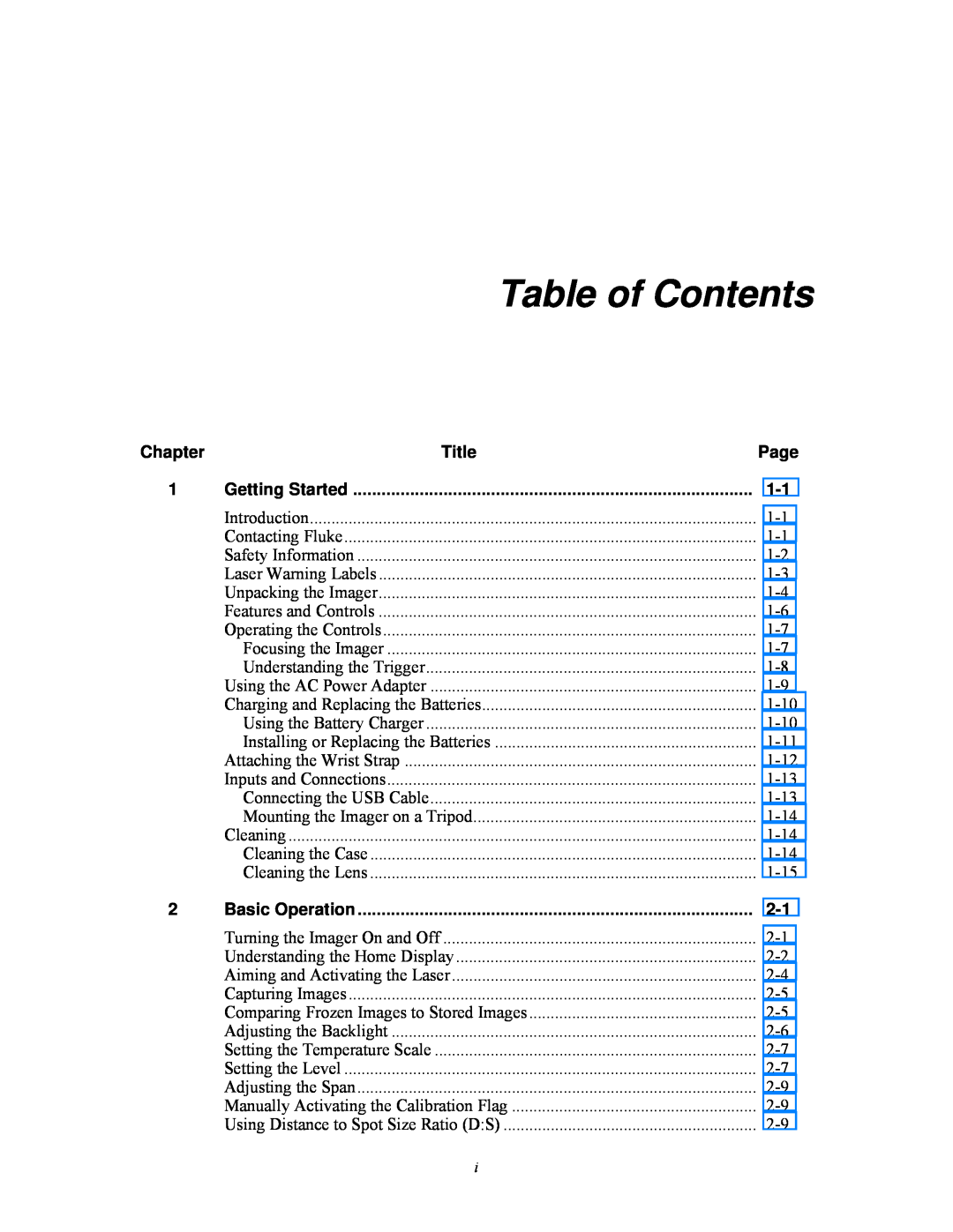 Fluke Ti20 user manual Table of Contents, Title, Getting Started, Basic Operation 