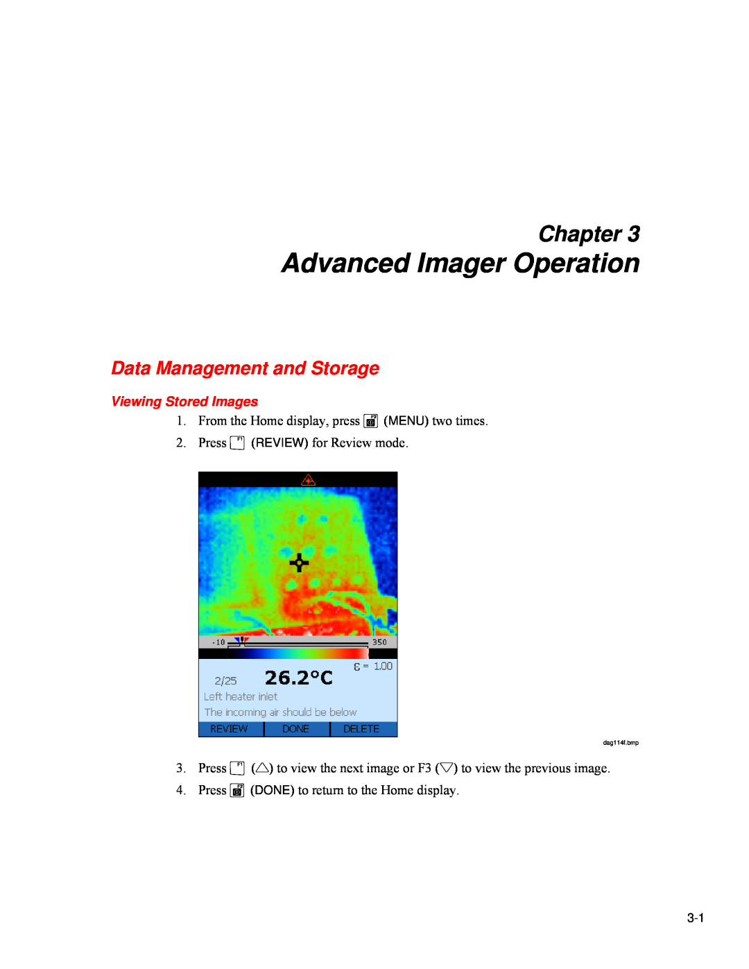 Fluke Ti20 user manual Advanced Imager Operation, Data Management and Storage, Viewing Stored Images, Chapter, dag114f.bmp 