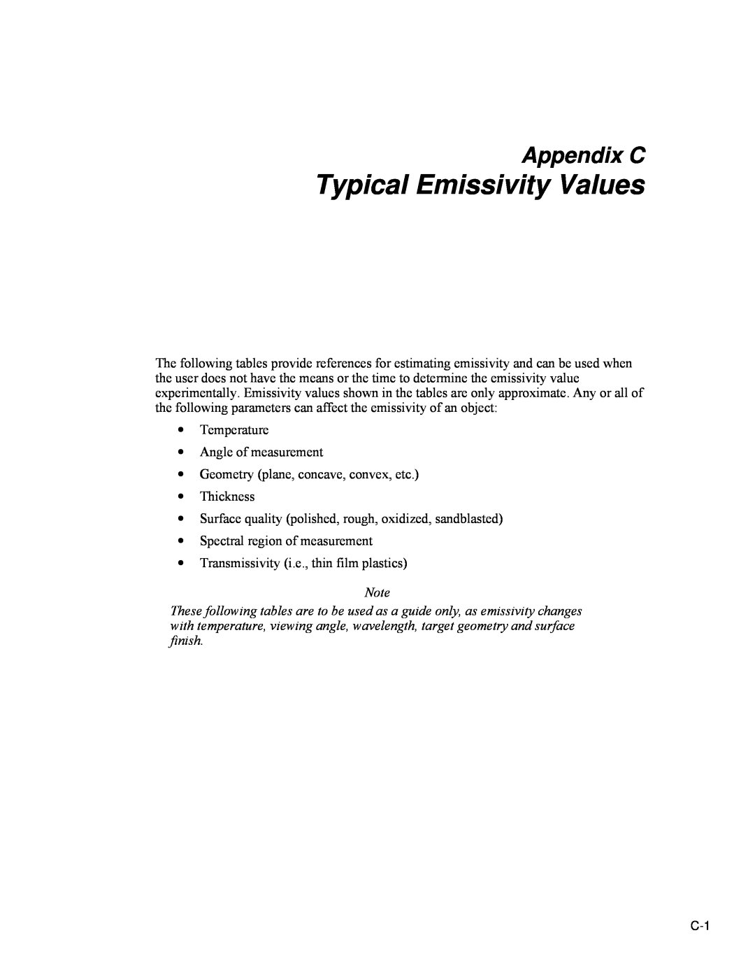 Fluke Ti20 user manual Typical Emissivity Values, Appendix C 