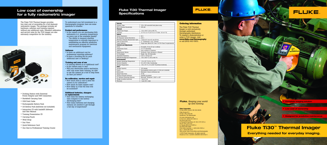 Fluke manual Ordering information, Fluke Ti30 Thermal Imager, Low cost of ownership, for a fully radiometric imager 