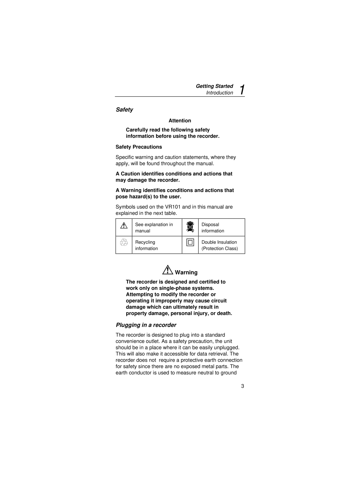 Fluke VR101S manual Safety, Plugging in a recorder 