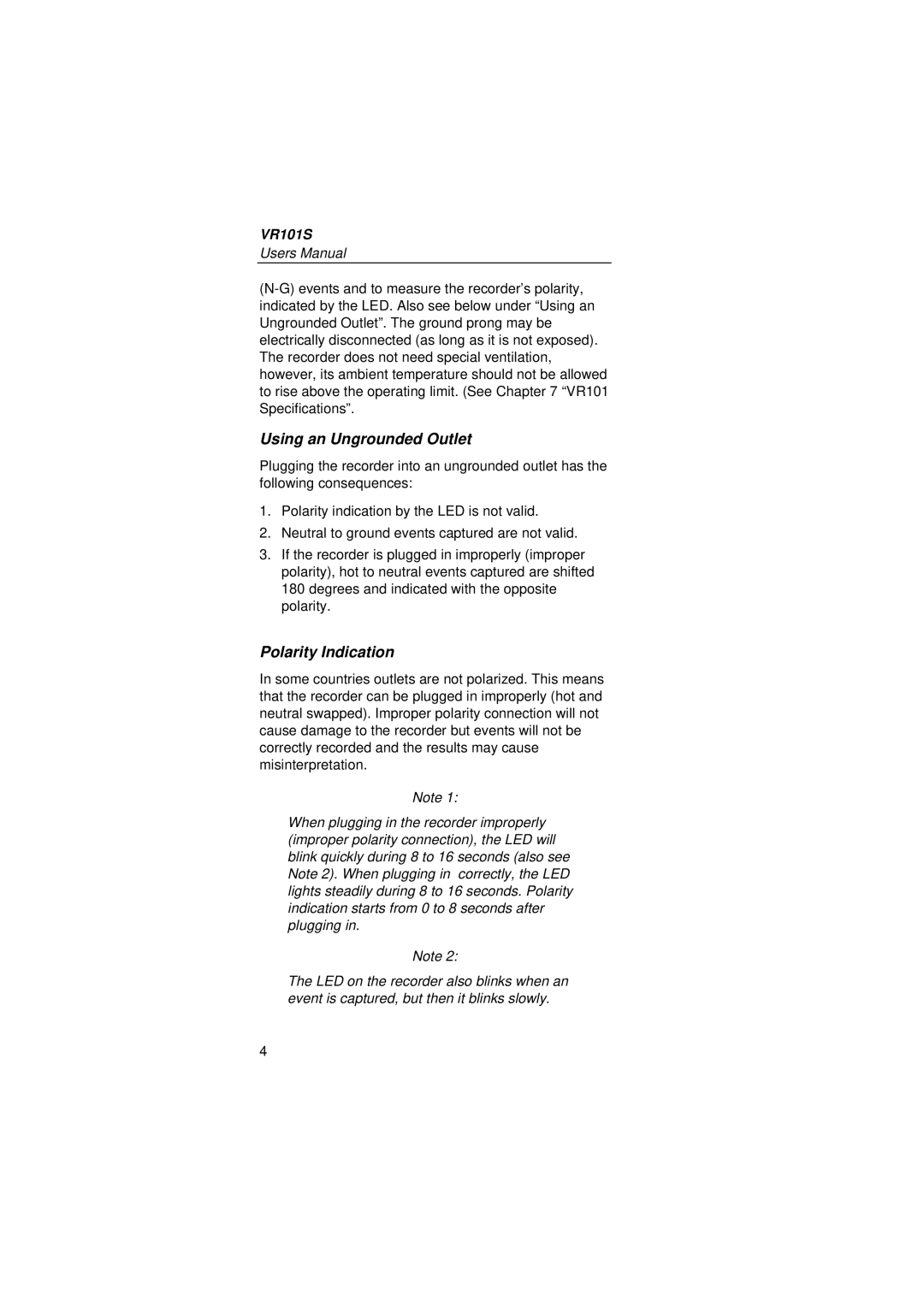 Fluke VR101S manual Using an Ungrounded Outlet, Polarity Indication 