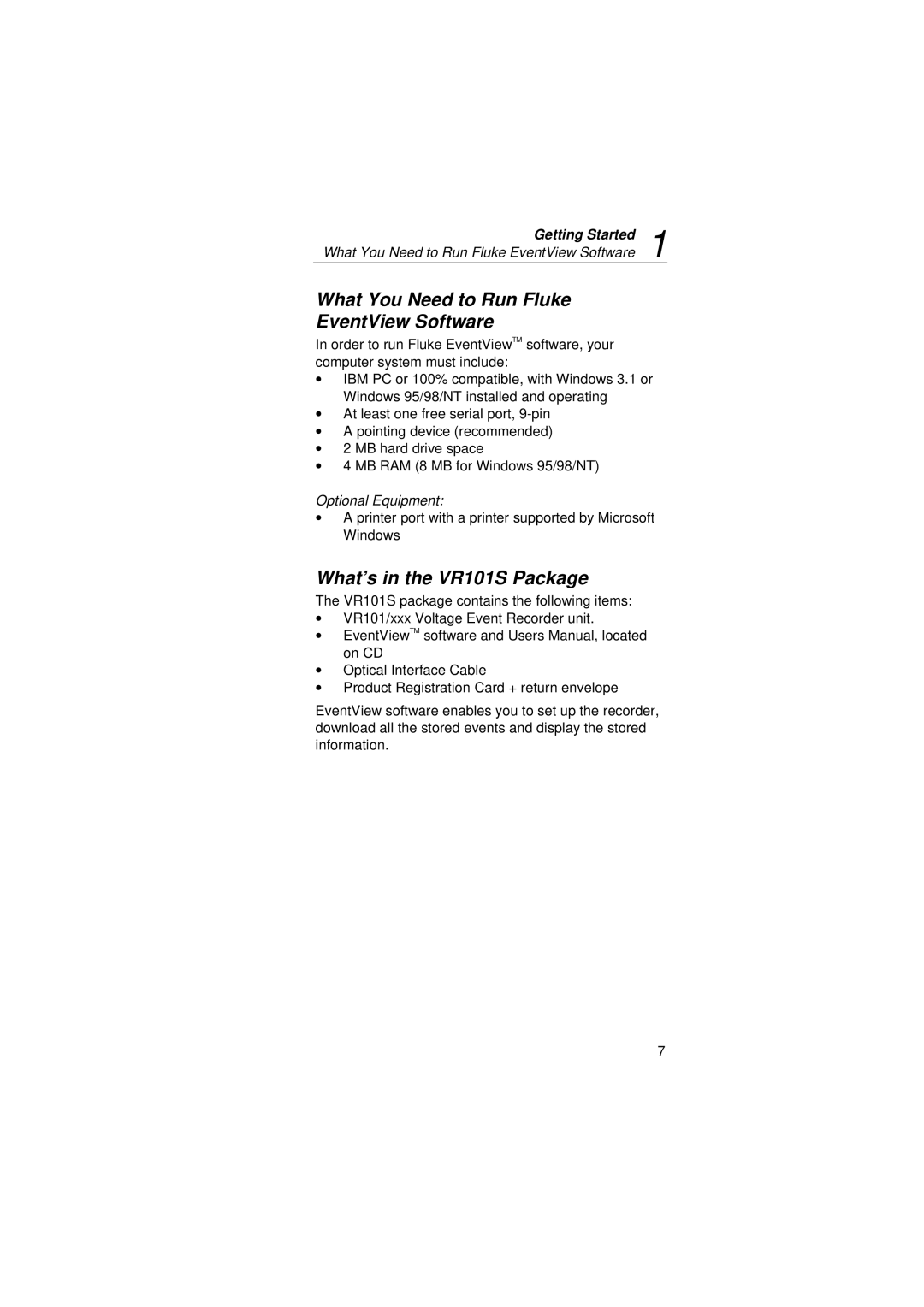 Fluke manual What You Need to Run Fluke EventView Software, What’s in the VR101S Package 