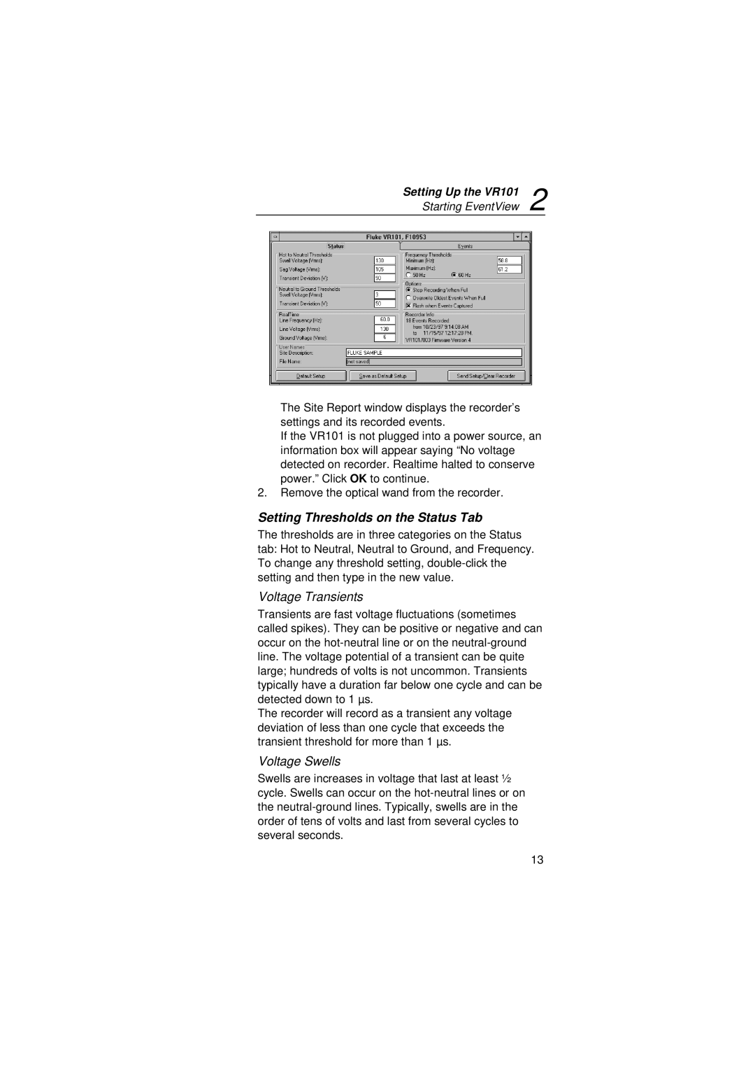 Fluke VR101S manual Setting Thresholds on the Status Tab, Voltage Transients, Voltage Swells 