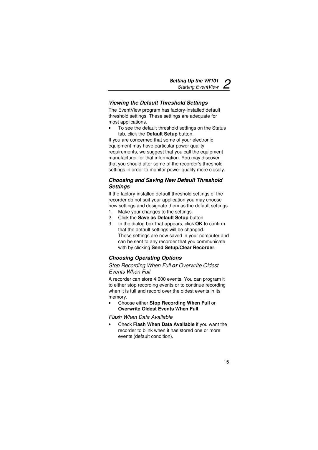 Fluke VR101S manual Viewing the Default Threshold Settings, Choosing and Saving New Default Threshold Settings 