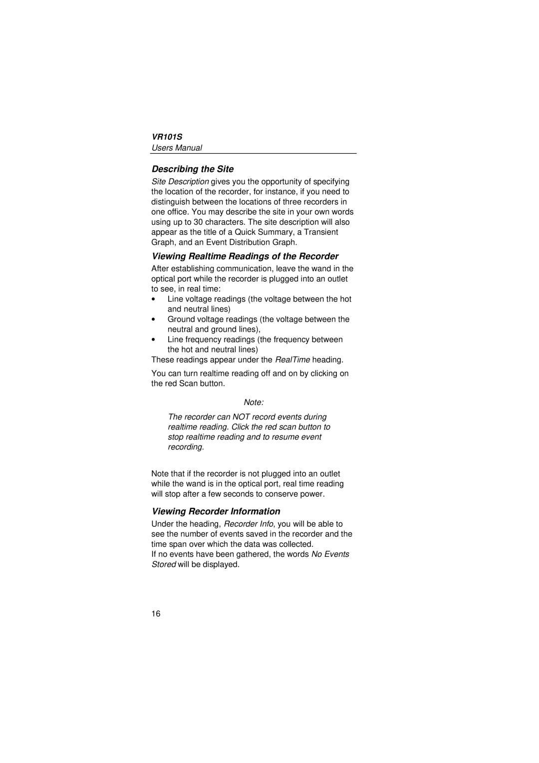 Fluke VR101S manual Describing the Site, Viewing Realtime Readings of the Recorder, Viewing Recorder Information 