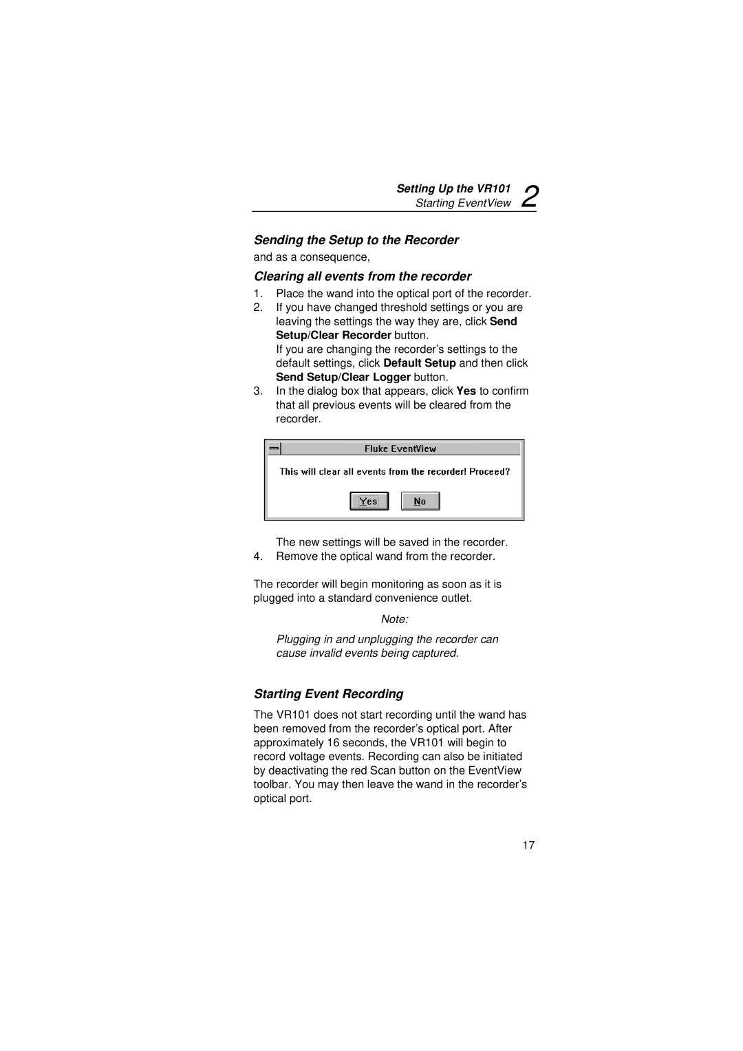 Fluke VR101S manual Sending the Setup to the Recorder, Clearing all events from the recorder, Starting Event Recording 